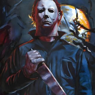a painting of a man holding a knife Halloween 1978 Michael Myers Mike Myers Pumpkin Painting, Michael Myers Cartoon Drawing, Drawings Of Michael Myers, dark slate gray