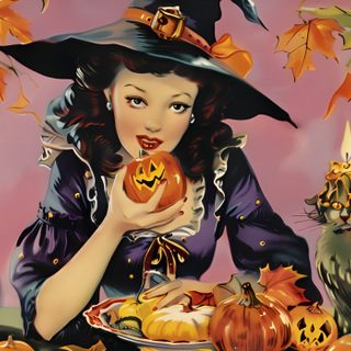 a painting of a woman with pumpkins and cats High Resolution Vintage Halloween Halloween Screensavers Laptop, Halloween Horizontal, Cute Halloween Laptop, peru