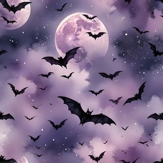 bats flying in the sky at night with full moon and stars behind them, all on purple clouds Halloween Bat Moon Purple Large Bat With Pink Moon Background, Bats In Flight Pastel Purple, Purple Bats And Stars, gray