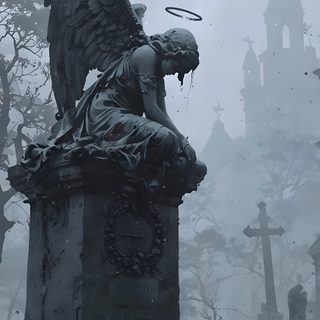 an angel statue sitting in the middle of a cemetery Gothic Halloween All Gray Grey By Angel Gothic Night, Stone Angel, Grave Statues, Gothic Landscape,