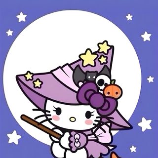 a hello kitty with a witch hat and broom flying in the air over stars on a purple background Halloween With Hello Kitty In A Hat Hello Kitty Temu Icon, Hello Kitty Kuromi Halloween, Hello Kitty And Friends Halloween, slate blue