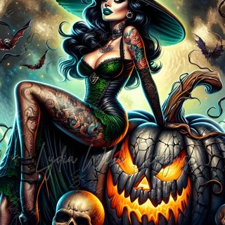 a woman sitting on top of a pumpkin in front of a full moon with skulls Halloween Pin Up Witch Halloween, Halloween Quotes, Halloween Witch Pictures, dark slate gray
