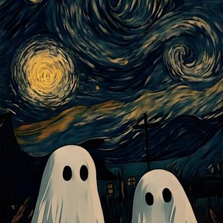 two white ghost standing in front of a starry night Halloween Starry Night Hippie Painting, Arte Van Gogh, Witchy, Funny Phone, Halloween Painting, black