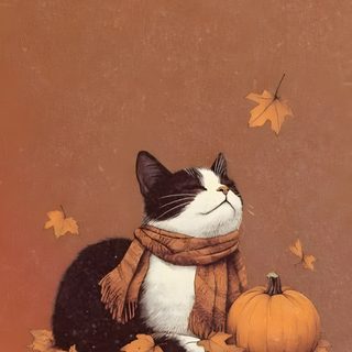 a black and white cat wearing a scarf next to some pumpkins Halloween Cat Iphone Image Chat, Iphone, Cat, Autumn Aesthetic, Halloween, Cute Backgrounds, sienna