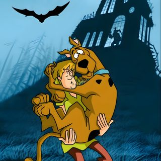 scooby and shaggy hugging in front of a spooky castle with bats flying overhead Scooby Doo Halloween Iphone Shaggy And Scooby, Scooby Doo And Shaggy, Scooby Doo 4k Iphone, dark slate gray