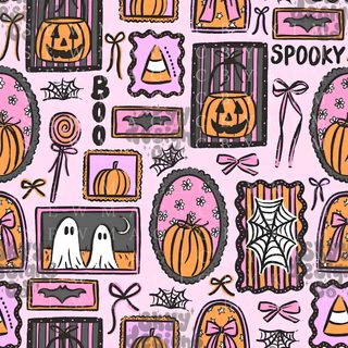 a halloween themed wallpaper with pumpkins, ghost and other decorations on it's pink background Cute Halloween For Car Seat Spooky Pattern, Cute Halloween Pattern Design, Cute Spooky Halloween Pattern, tan