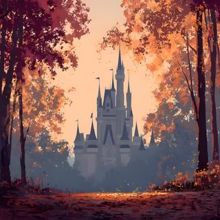 a painting of a castle in the middle of a forest with leaves on the ground Disney Halloween Desktop Disney Laptop, Disney Desktop Aesthetic, Disney Computer, dark slate gray