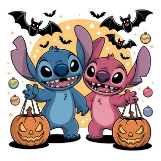 two cartoon characters with pumpkins and bats Cute Stitch And Angel Halloween burlywood