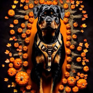 a black and brown dog wearing a harness surrounded by pumpkins on a black background Halloween Rottweiler Cute Rottweiler Background, Cool Rottweiler, Rottweiler Autumn Photo, black