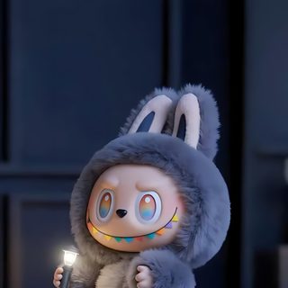 a stuffed animal is holding a light in it's hand while standing on top of a bed Halloween Labubu Labubu Dynamic, Cute Labubu, Labubu Doll Hd 4k, Labubu 4k, Labubu 4k Iphone, dark slate gray