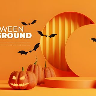 halloween background with pumpkins and bats on an orange background, 3d illustration stock photo Halloween Podium Halloween Podium, Orange Podium Background, Orange Background Podium Display, goldenrod