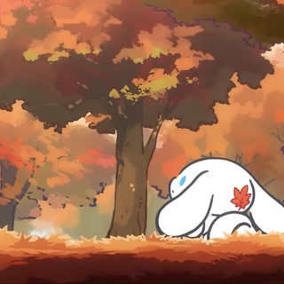 a white dog sitting in the middle of a forest with trees and leaves on it Cinnamoroll Halloween Laptop sienna