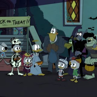 several cartoon characters are standing in front of a trick or treat sign at halloween time Ducktales Ghosts Of Halloween Ducktales Halloween, Santiago, Duck Tales, Alien Logo, dark slate gray