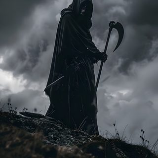 a man with a scythe standing on top of a hill under a cloudy sky Grim Reaper Halloween Grim Rapper, Chasa Reaper, The Grimm Reaper, Grim Reaper Background, dark slate gray