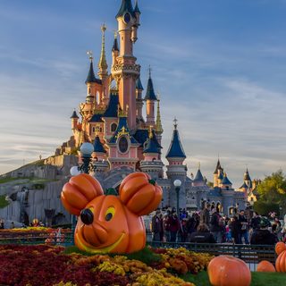 there are many pumpkins in front of the castle Disney Parks Halloween slate gray