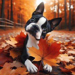 a small black and white dog laying on top of leaves Halloween Boston Terrier Cute Boston Terrier Pictures, Halloween Boston Terrier, Boston Terrier Halloween Background, sienna