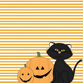a black cat sitting next to two jack - o'- lantern pumpkins on a striped background Halloween Cat Stripes Halloween Free, Candy Corn Cat, Free Halloween Backgrounds, sandy brown