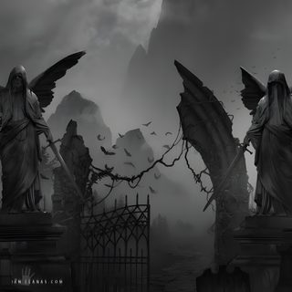 three statues in front of a cemetery with bats flying over them and mountains behind them Gothic Halloween All Gray Grey By Angel Ipad Gothic, Laptop Scary, Pc Goth, 1336x768,