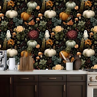 a kitchen wall with pumpkins and leaves on it Halloween Kitchen Renter Friendly, Contact Paper, Accent, Kitchen Wall Decor, dark slate gray
