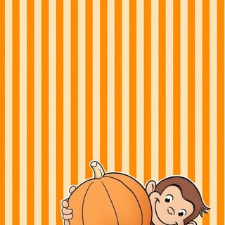 a monkey holding a pumpkin on top of it's back with stripes in the background Halloween Monkey Monkey, Preppy, Curious George, Cute, Halloween, sandy brown