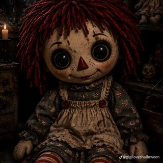 a creepy doll with red hair sitting on a table next to a candle and window Old Scary Horror Halloween