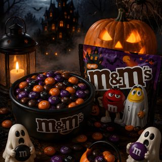 halloween candy and decorations on a table in front of a full moon with pumpkins Halloween Candy Halloween, black
