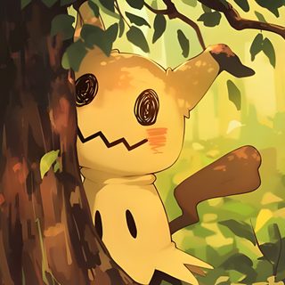 a cartoon character leaning up against a tree in the forest with leaves on it's branches Halloween Mimikyu Mimikyu Fanart, Mimikyu Pokemon Art, Mimikyu Hd, Mimikyu Pc, Mimikyu 4k Pc, dark olive green