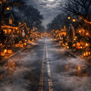 an empty street is decorated for halloween with pumpkins and ghost's on it Spooky Halloween Street dark slate gray
