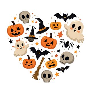 a heart shape with halloween decorations and skulls in the center, on a white background Cute Halloween Heart Halloween Hearts, Halloween Heart, Spooky Candy Hearts, Halloween Heart Sticker, white