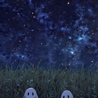 two ghost heads sitting in the grass under a night sky filled with stars and clouds Halloween Sky Iphone Matching Halloween, Ghost Iphone, Ghost Phone Aesthetic, Spooky, midnight blue