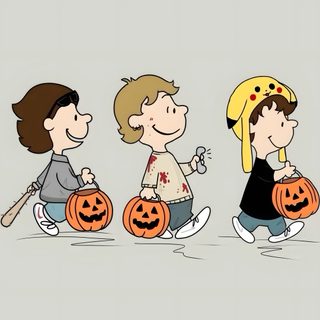 three children with pumpkins walking down the street, one boy is holding a bat Sturniolo Halloween Charlie Brown, Green Gang, Grunge Posters, Peanuts Cartoon, Young Celebrities, light gray