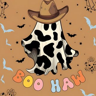 a cow wearing a cowboy hat with bats around it and the words boo hoo Western Halloween Country Halloween Backgrounds, Cowgirl Halloween, Cow Ghost, Howdy Fall, Boo Haw, peru