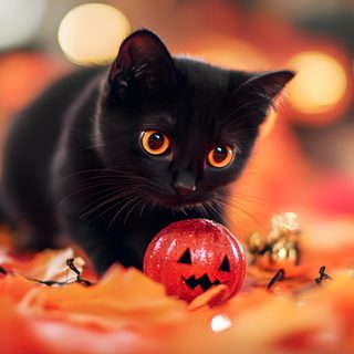 a black cat with orange eyes is next to a red ornament on the ground Halloween Kitten Hd Cute Halloween Cat Background, Halloween Black Cat Background, Black Cat And Pumpkin Hd, indian red