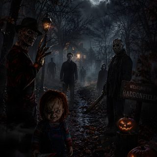 a group of people standing in the woods at night with scary faces on their heads Halloween Killers Horror Screen, Halloween Michael Myers, Michael Myers Halloween, Michael Myers, black