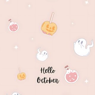 hello october wallpaper with ghost, pumpkins and other halloween related items on it Halloween Hello October antique white