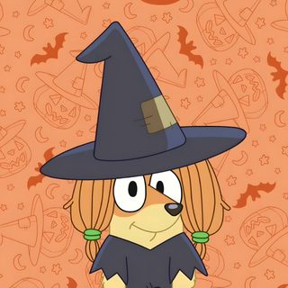 a cartoon dog wearing a witches hat Bingo Halloween Spooky Halloween Costumes, Bluey Halloween, Bluey And Bingo Fall, sandy brown