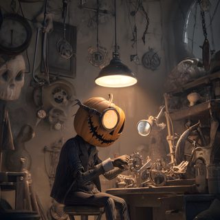 a person sitting in a chair with a pumpkin on his head and some clocks hanging from the ceiling Halloween Steampunk Surreal Halloween Art, Pumpkin People, Halloween Fantasy Art Dark, dark slate gray