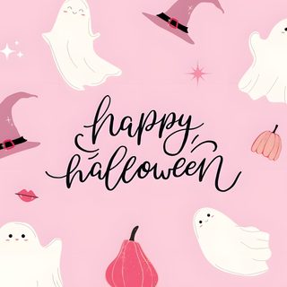 a pink background with white ghost, pumpkins and bats in the center that says happy halloween Happy Halloween Pink Free Halloween, Halloween, Halloween Desktop, Iphone Background Quote, misty rose
