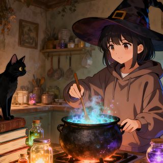 a woman in a witches hat stirring a pot with a black cat sitting on top of it Anime Halloween Desktop Witch House Background For Discord, Witch House Anime, Witch Aesthetic Desktop Hd, dark olive green