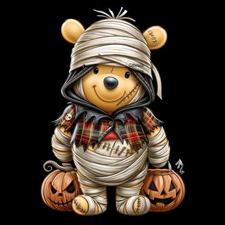 a teddy bear dressed as a scarecrow with pumpkins and jack - o'- lanterns Eeyore Halloween black