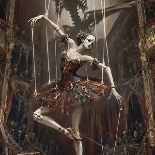 a ballerina is suspended by strings in front of a skeleton Halloween Ballerina dark slate gray