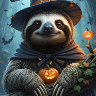 a slotty wearing a witches hat and holding a branch with pumpkins on it Halloween Sloth Thanksgiving Sloth, Fall Sloth, Halloween Animal Pictures, dark slate gray