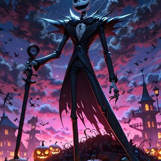 a skeleton standing on top of a hill next to pumpkins Happy Halloween Jack Skellington Halloween Nightmare, Jack Skellington Pumpkin King, Jack Skellington Halloween Background, dark slate gray
