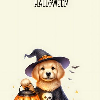 a dog wearing a witches hat and holding a pumpkin Dog Halloween Iphone Cute Halloween Puppy, Golden Retriever Halloween, Cute Halloween Puppy Backgrounds, beige