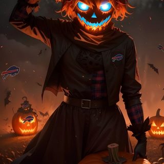 a person in a pumpkin costume holding a jack - o'- lantern with the buffalo bills logo on it Nfl Halloween Halloween, Buffalo Bills, Denver Broncos Halloween, Buffalo Bills Logo Jack-o'-lantern, black