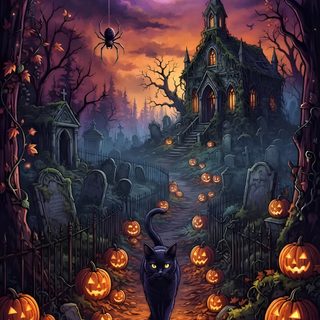 a black cat is walking down a path decorated with pumpkins and jack - o'- lanterns Halloween Fantasy dark slate gray