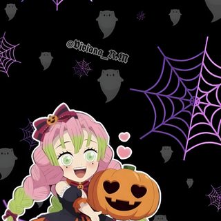 an anime character holding a pumpkin in front of a black background with spider webs Mitsuri Halloween Demon Slayer, Halloween, Movie Posters, Film Posters, black