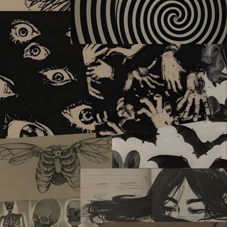 collage of various images with black and white inks on paper, including an image of Lockscreen Grunge Edgy Aesthetic Halloween Nghệ Thuật Kinh Dị, Goth, Edgy, dark olive green