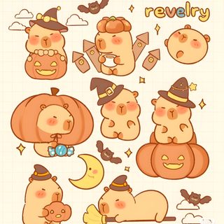 a bunch of cartoon bears with pumpkins and witches Cute Capybara Halloween Cute Simple Capybara, Cute Capybara Halloween, Chibi Chibi Cute Capybara Cartoon Pinterest, cornsilk