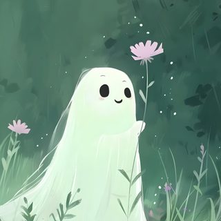 a ghost is standing in the grass with daisies around it and looking at something Aesthetic Sage Green Halloween Magic Art Aesthetic, Cute Backgrounds Aesthetic, Cute Ghost Aesthetic, dim gray